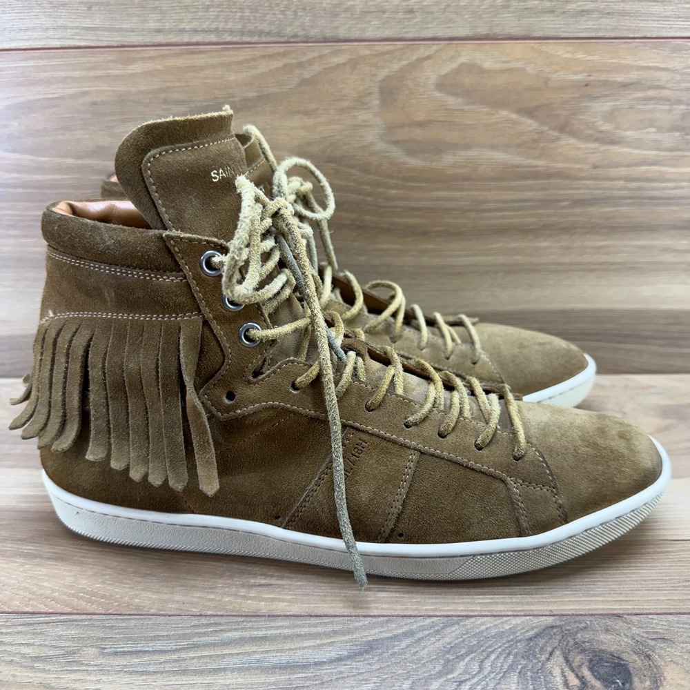 Saint Laurent Fringe Trainers Tan Suede 9.5 EU 39.5 High Top Sneakers Boho Retro